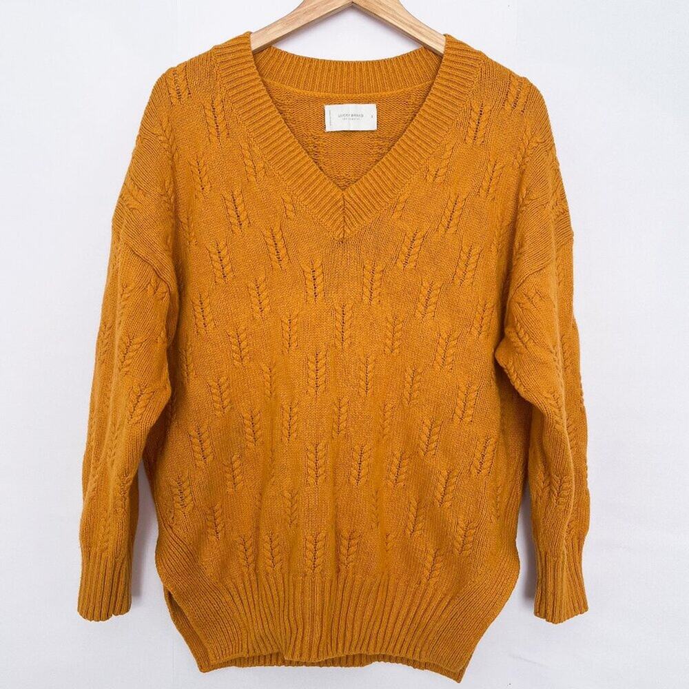 Lucky Brand Tunic Sweater Braid Stitch Drop Shoulder Oversize Size Small Mustard